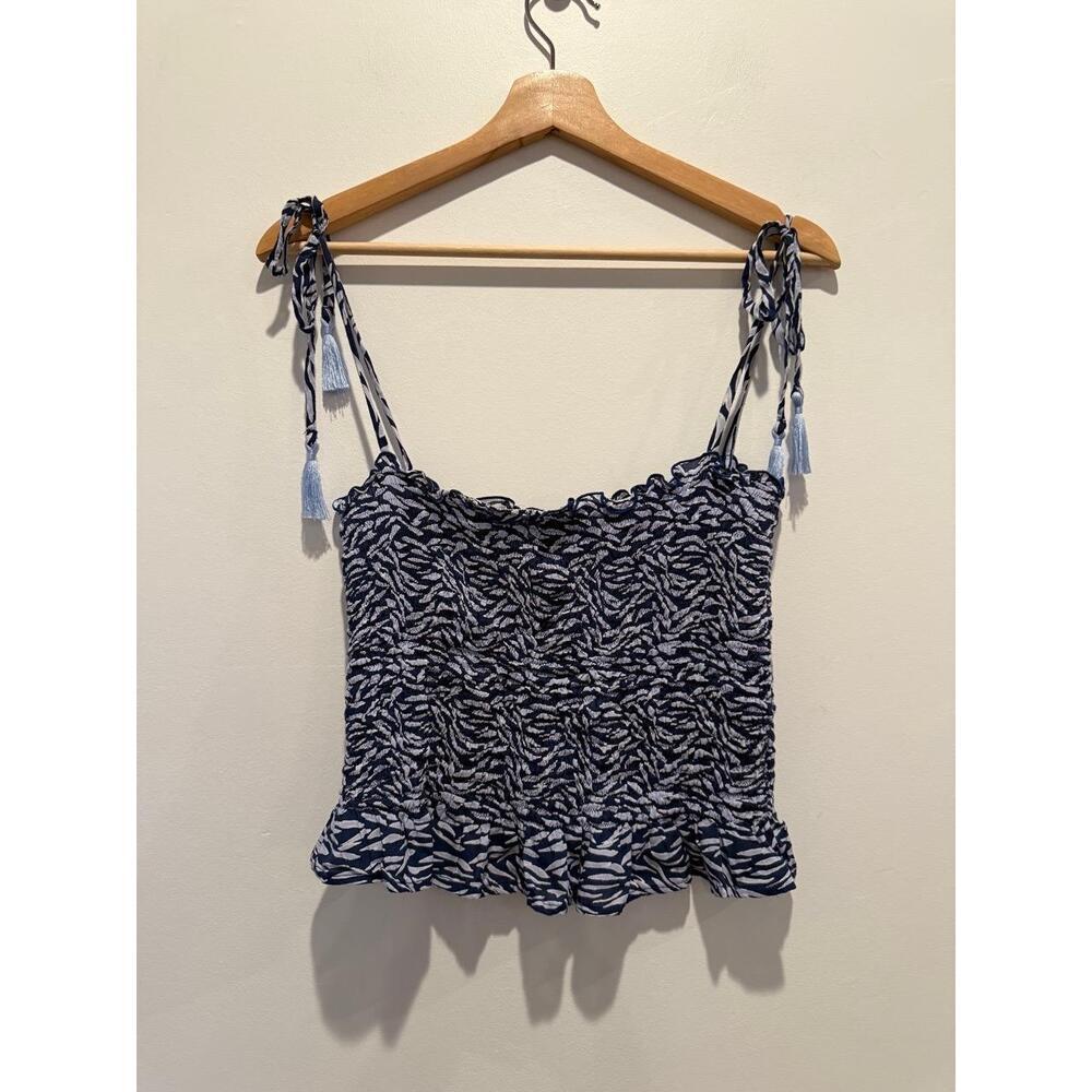 BEACHGOLD Womens Camisole M Blue Patterned Smocked Tie Shoulder Boho Top